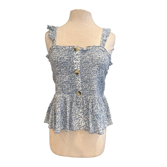 Blue & White Floral Smocked Peplum Tank Top With Ruffle Straps & Button Front - - Picture 1 of 8